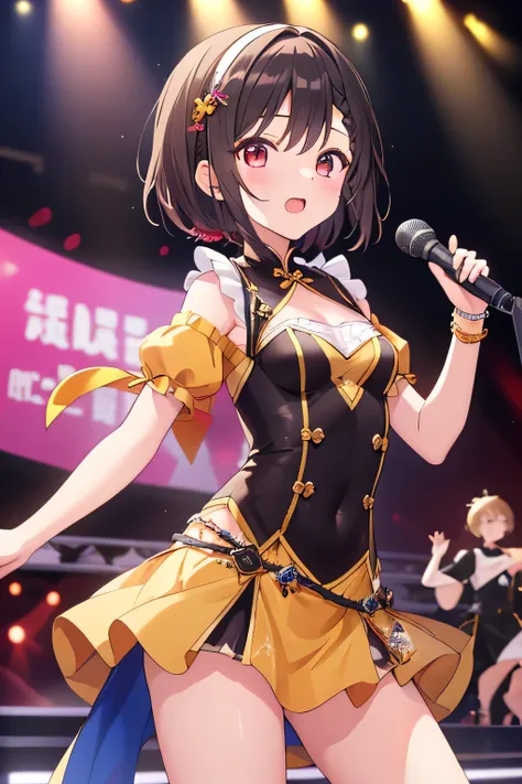 ((top quality)), ((masterpiece)), (details), 1 girl。 Blunt Bang。short hair。braided ponytail。stupid hair。Cute hair accessories。 LOOK YOUNGER 。(small breasts)。(Movement Composition)。idol。  stage。Sing and dance。