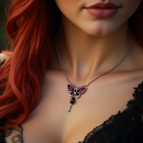 A red-haired woman had a white gold chain necklace around her neck, tiny a butterfly with a burgundy stone on the end and a black drop-shaped stone hanging from both sides of the butterfly's wings on the silver tiny chain end, close-up And the man in the b...