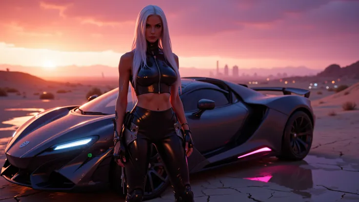 A gorgeous cyberpunk-style girl with long, platinum blonde hair and large breasts stands beside a sleek futuristic cyberpunk car with glowing neon blue and pink underlights in the Cyberpunk 2077 desert. She wears a glossy black latex crop top with a front ...