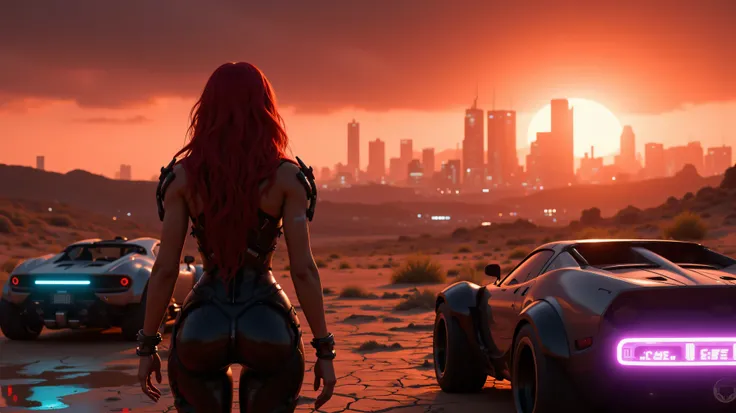 A stunning cyberpunk-style girl with long, wavy red hair and large breasts stands in the arid desert from Cyberpunk 2077 under a vibrant sunset sky. She wears a tight black latex bodysuit with a plunging neckline that reflects the golden hues of the sunset...