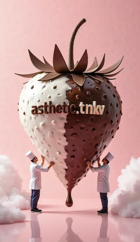 a giant strawberry, half in white and half in dark chocolate, with the word aesthetic.tnkv clearly written on it, floating in white clouds and pink lighting, miniature chefs standing next to it and holding it in their hands, chocolate dripping down, chefs ...