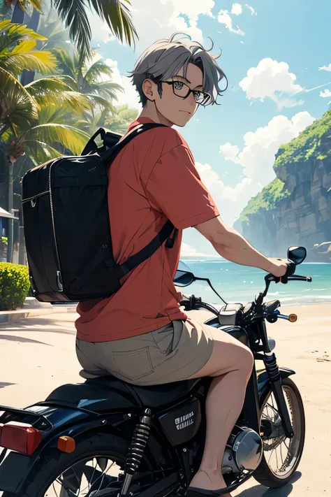 anime, lofi, Ghibli Studio, A young looking man, 35 years old, hair with some gray hairs, with glasses, riding a black motorcycle, using a delivery backpack, looking at a tropical beach landscape