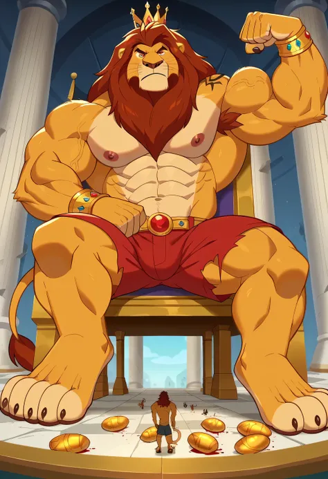 safe_pos, score_9, score_8_up, score_7_up, score_6_up, hi res, highly detailed, masterpiece, low angle, dynamic angle, castle interior background, screencap, Mufasa, Lion, anthro, Yellow Sclera, Red Eyes, muscular body, full body, flexing his powerful musc...