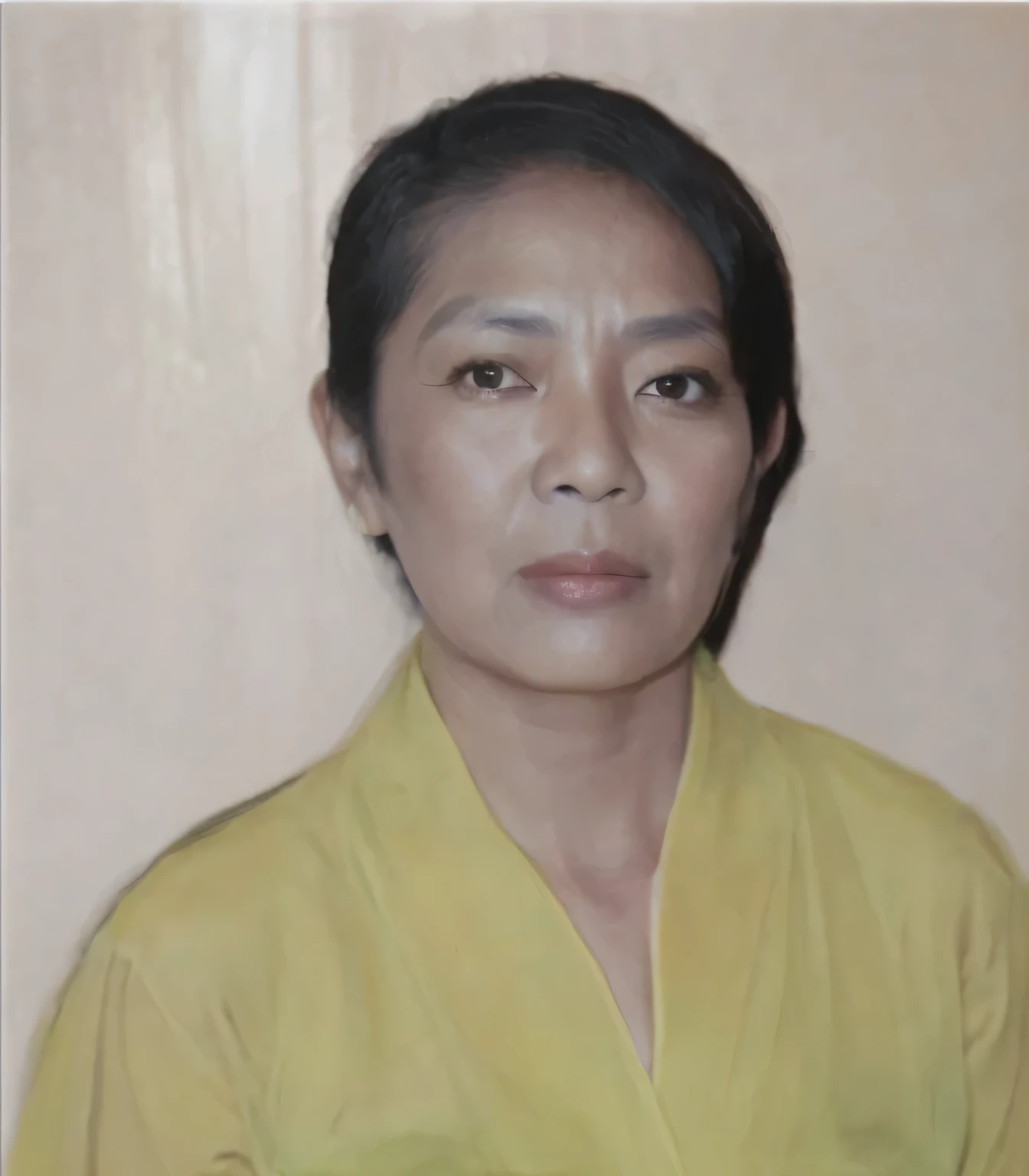 photo realistic,an Indonesian middle aged woman with dark hair wearing a yellow kebaya