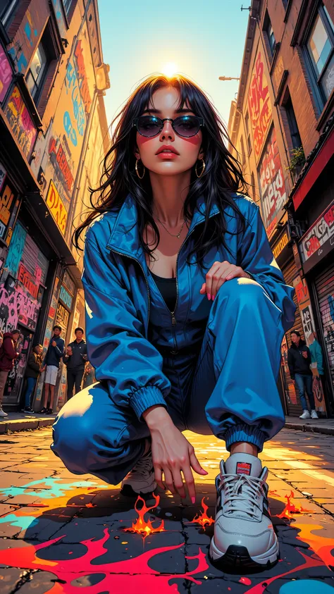 8k, Masterpiece, Top Quality, Low-angle,  woman, sunglasses,  blue tracksuit, chunky sneakers, crouching, graffiti, flames, city street, buildings, people, comic-book style, bold outlines, bright colors, playful, energetic, pop art, street art, digital eff...