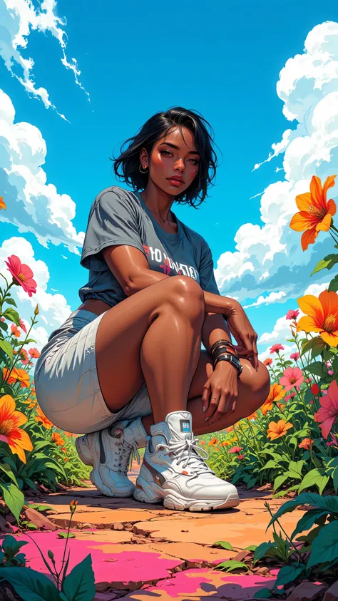 8k, Masterpiece, Top Quality, Low angle, woman, confident, dark skin, short hair, gray top, short shorts, squatting pose, Puma sneakers, vibrant, cartoonish flowers, playful plants, blue sky, clouds, bold outlines, bright colors, dynamic, energetic.