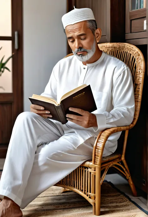 create Extremely realistic, Ultra detailed, HD, Portrait, 8K image, 56 year old adult male, sitting and leaning on a rattan chair, holding a photo album, wearing white Muslim clothing, looking down, looking lost in thought, there is a glass of hot coffee b...