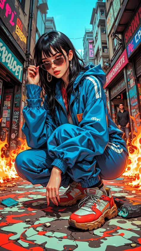 8k, Masterpiece, Top Quality, Low-angle,  woman, sunglasses,  blue tracksuit, chunky sneakers, crouching, graffiti, flames, city street, buildings, people, comic-book style, bold outlines, bright colors, playful, energetic, pop art, street art, digital eff...