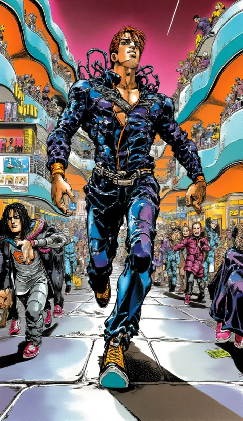 Robert Patrick as T-1001, Chjasing after John Connor at a crowd Shopping Mall. Horror style Classic 90's Manga visuals 