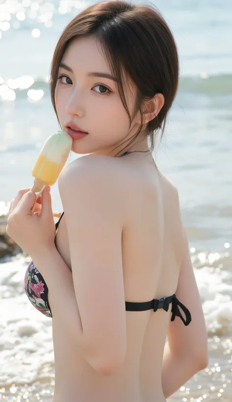 ((   Russian Mix       ))    ,      has a strong gaze、
((         top quality  )) , (                     bust size G cup                ),                          camera   with complicated eyes ,    、   、(       bikini ),   The background is a bright oce...