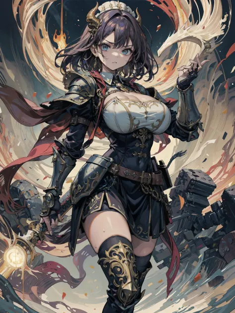 earring, big breasts, short hair, black hair, cowboy shot, sweat, fierce dragon knight girl, golden and crimson dragon-scale armor, ornate chest plate with ancient runes, high-collared red cape with embroidered flames, armored gauntlets with claw-like fing...