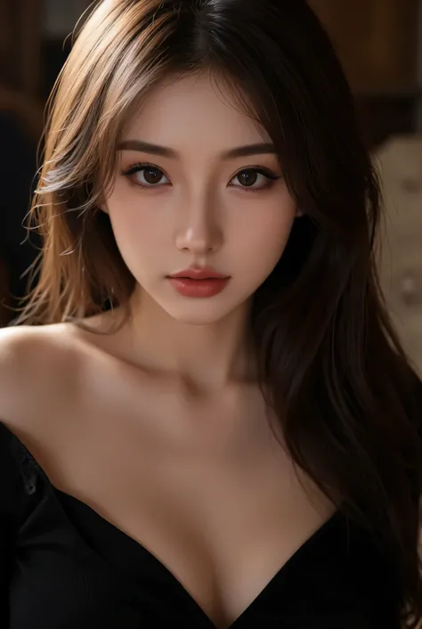 ((Russian style), has a strong gaze、((top quality)),,( bust size E cup), staring at the camera with complicated eyes ,beautiful face,seductive look,Noble Elegance,Refined Appearance,Sophisticated Atmosphere,Expression of deep shadows,Fine Texture,Warm colo...