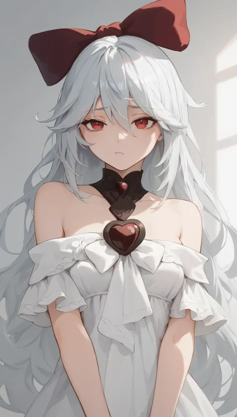 score_9, score_8_up, score_7_up, sinestrea, 1girl, white hair, bare shoulders, white dress, frown hair bow, long hair, heart brooch, medium breasts, hair bow, ribbon, red eyes,Bedroom