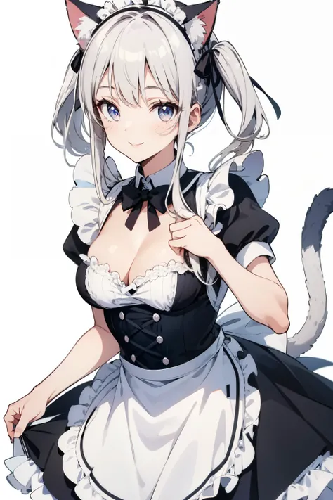 1girl, looking at viewer, silver hair, cat ears, cleavage, smile, (lolita maid:1.3), tiered skirt, simple background, white background, cowboy shot,medium breast,best quality, high resolution