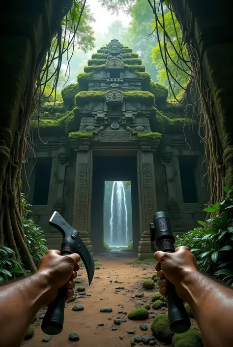 A hyper-realistic image in point of view (POV) style, capturing the first-person perspective of an explorer pushing aside thick jungle vines to reveal the entrance of an ancient, overgrown temple. His muddy hands grip a machete and a flashlight, illuminati...