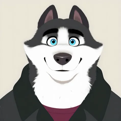 Duke (Arctic Dogs), anthro dog, black fur, white fur, male, blue eyes, black jacket, high quality, headshot, looking at viewer, solo, flat color