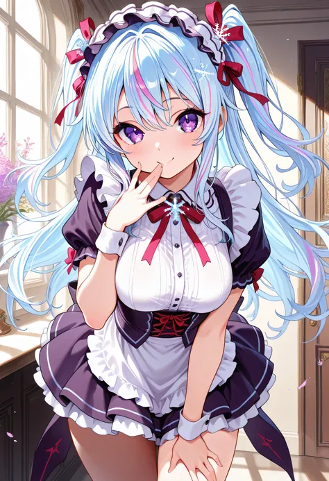 masterpiece,amazing quality,best quality,ultra-detailed,8k,illustration,CG, 1girl , Please tell me about 1 beautiful girl, Lolita Style, light blue hair color ,highlights hair, smoky pink streaked hair,smile,red ribbon hair ornament,long hair,thighs,minis...