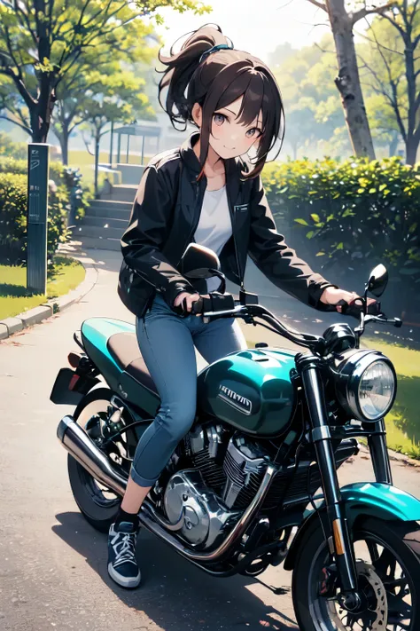 1girl, brown hair, ponytail, smile, wearing a light gray jacket, jeans, riding a motorcycle (detailed design:1.2),  anime girl, mid-day sunlight,  park background with trees (lush green foliage:1.1),  paved path, woman centered in frame, facing viewer,  ca...