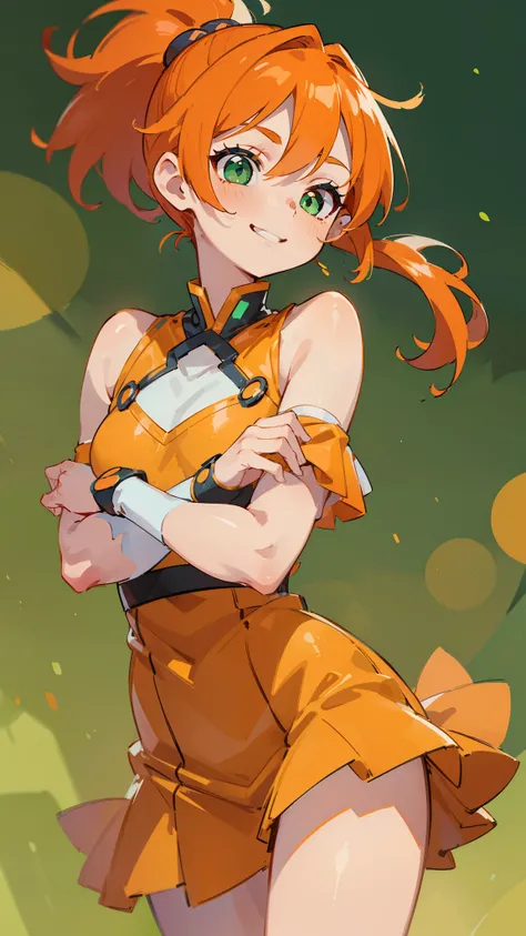 (masterpiece、top quality)、絶妙なDetails、8k、sharp focus、(Bokeh) (top quality) (Skin refinement :1.3 ) (絶妙なDetails) (8k) (Details) (anime)、  orange-themed clothes、orange hair、ponytail、Glowing green eyes、Bold Poses、cowboy shot、smile、Green background