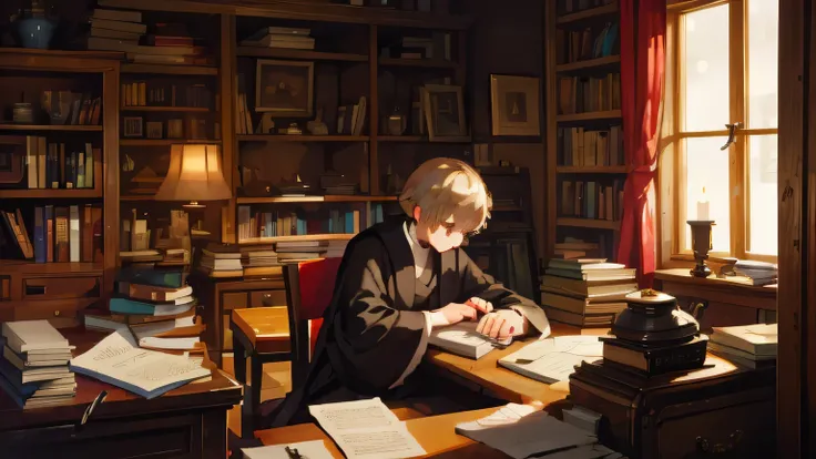 Martin Luther a Christian monk, sits at his desk, surrounded by books and a flickering candle. Snow falls gently outside, and the sound of the quill scratching against the paper echoes through the room, a medieval atmosphere.
