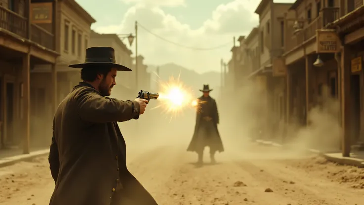 Create a high-intensity, cinematic, slow-motion Western duel set in the middle of a dusty street in a classic frontier town. The POV is looking straight down the street, with wooden buildings lining both sides, their signs swinging in the wind.

In the for...