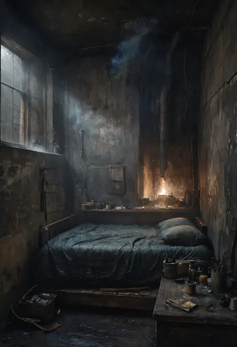  Fear,  dark monster in your bed at midnight painting by Vincent Van Gogh 0 Dark background , (By Jan Saudek ,  Charles Miano ,  Alyssa Monks highly detailed , extremely detailed, thin detail, crisp quality, ultra realistic, hyperrealistic, Jenny Saville A...