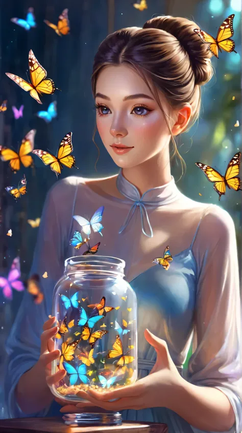 a beautiful girl with brown hair and her hair tied back in a bun, in her hands she has an open glass jar and inside she has beautiful butterflies and some fly out of the jar, the image is from the front and you can see her full body and you can see her fac...