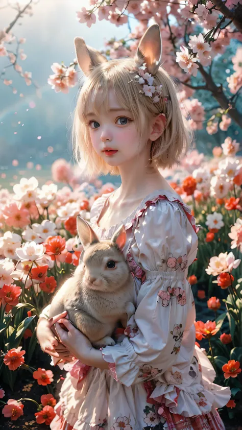 A small, young, beautiful girl、round face、big eyes、sagitales、 Dark Blue Eyes 、Platinum Blonde Straight Short Bob、Spring scenery、Gothic Lolita、layered with many panniers、skirt that spreads softly、Super Mini、chest( c cup)、Holding rabbits、There are several ra...