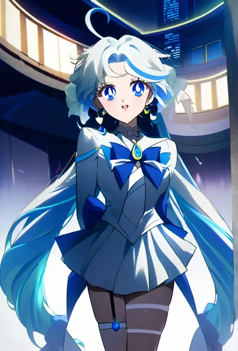 Furina anime style With a costume very similar to that of " seilor moon ", has white and blue hair, blue eyes, piel blanca, labial azul, Un simbolo de luna como el de seilor moon en la Frente de color Amarilla, beautiful eyelashes, Moon earrings in h...