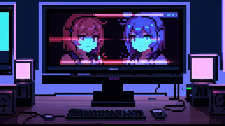 Close-up monitor, Computer, neon lights