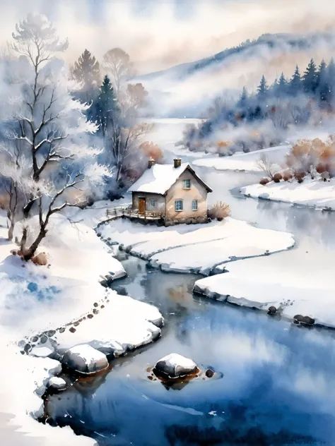 Serene winter landscape featuring a tranquil snowy river Stone, with a quaint little house nestled in the distance, evoking a sense of warmth and coziness, set against a soft, misty atmospheric background, captured in a delicate, expressive watercolor art ...