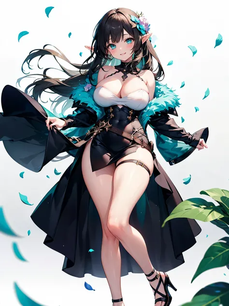 detailed image, beautiful image, an elf, dark hair, long hair, turquoise eyes, large breasts, short waist, wide hips, thick thighs. She is wearing a sexy dress, mini skirt, heels. flower petals falling around her, smiling. white background, ambient light, ...