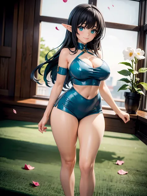 detailed image, beautiful image, an elf, dark hair, long hair, turquoise eyes, large breasts, short waist, wide hips, thick thighs. She is wearing a sexy crop top, mini skirt, heels. flower petals falling around her, smiling. white background, ambient ligh...