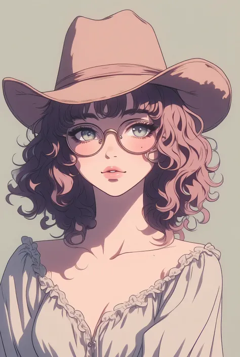 White-skinned math teacher with curls and lenses Kawaii cute woman, nervous, eyes half open, blushing, cowboy hat, standing