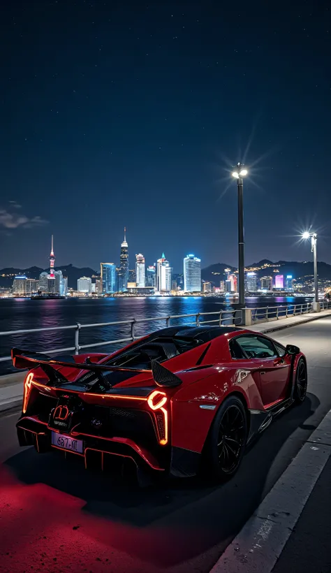 Hyperrealistic, cinematic lighting, 8K, UHD, perfectly rendered image of a Lamborghini Veneno sitting on the bridge, with its rear and right side visible. Its carbon fiber body is a glossy, metallic red, reflecting the night light. The door windows and win...