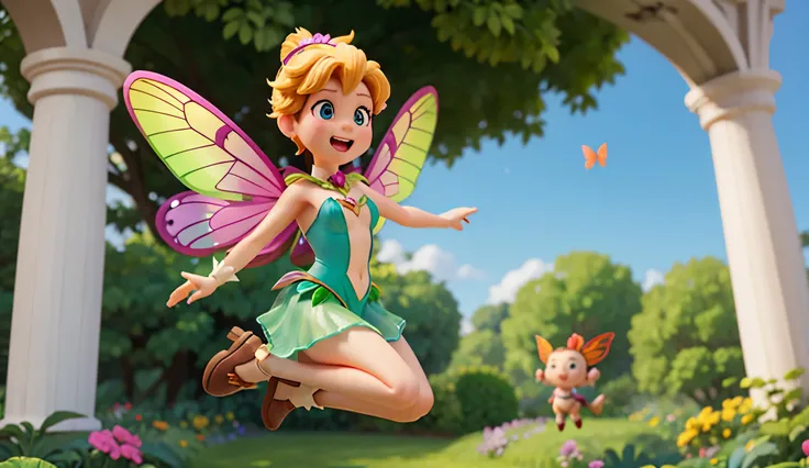 "A lovely and lively cartoon character, resembling a Tinker Bell butterfly, flies gracefully in the enchanted garden