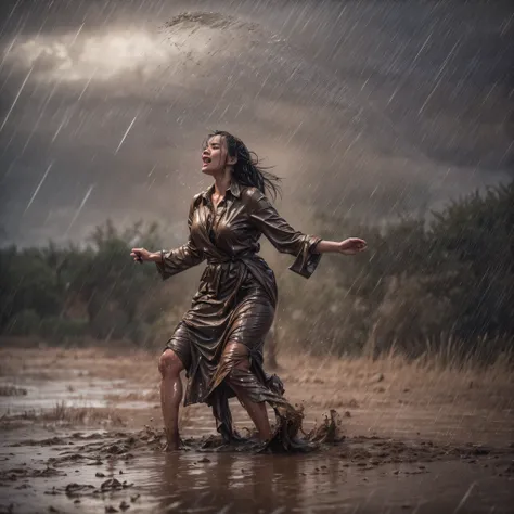 ((best quality)), ((masterpiece)), (detailed), women performing rain dance, desert, muddy ground, stormy skies, heavy downpour, falling rain, rain drops, celebration dance, wet clothes, wet bodies, wet hair, dramatic lighting, winds, rain, mud, splash mud ...