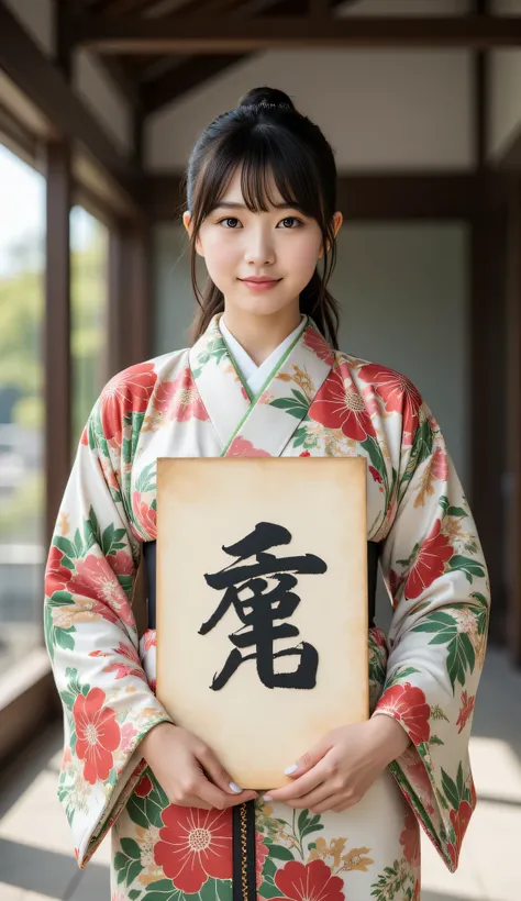 **Prompt:** during ancient time, Create a hyper-realistic wide scenery image of a prehistoric japanese female standing confidently at the forefront, her full body view showcasing her elegantly curvy silhouette. She holds up a large piece of kanji wide size...