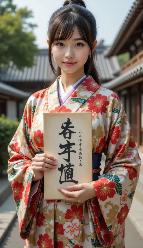 **Prompt:** during ancient time, Create a hyper-realistic wide scenery image of a prehistoric japanese female standing confidently at the forefront, her full body view showcasing her elegantly curvy silhouette. She holds up a large piece of kanji manuscrip...
