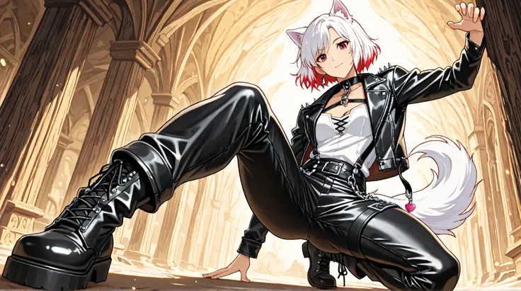 A tall anime-style girl with elegant dog ears and long, flowing white hair. Her face is slender and refined, giving her a graceful yet mysterious presence. Her canine ears twitch slightly, adding a touch of liveliness to her composed demeanor. The soft glo...