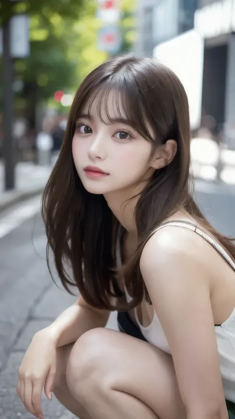 fine detail, high resolution, high quality、perfect dynamic composition, Beautifully detailed eyes,  medium hair, small 、natural color lips that look at a flat line,Kamimei、Shibuya、20 year old girl、1 person、Clear skin 、Glowing Hair、masterpiece, best quality...