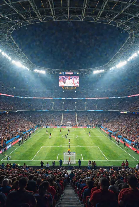 The Clasico match between Real Madrid and Barcelona in a basketball court in New York full of fans and the stadium has a large screen like the real stadiums with the result of the match, which is 5-0 ,professional effects,An environmental background view,H...