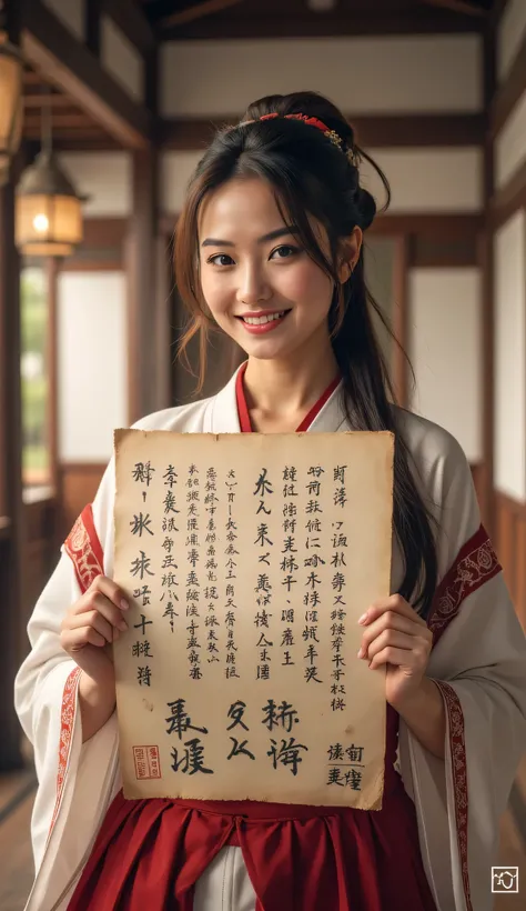 **Prompt:** during ancient tokugawa time, Create a hyper-realistic wide scenery image of a prehistoric japanese female standing confidently at the forefront, her full body view showcasing her elegantly busty silhouette. She holds up a large piece of kanji ...