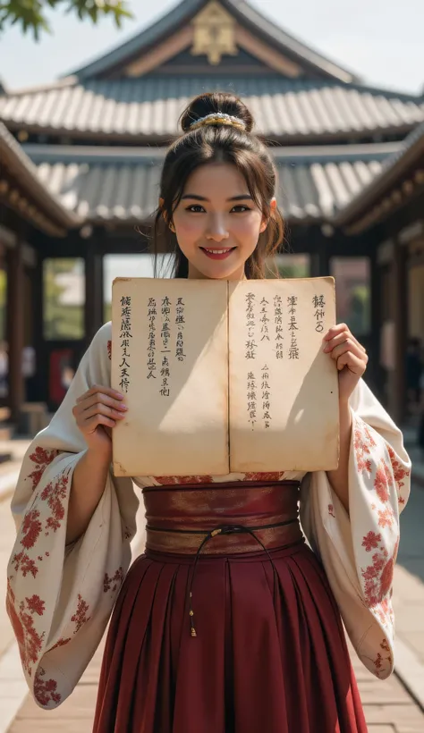 **Prompt:** during ancient tokugawa time, Create a hyper-realistic wide scenery image of a prehistoric japanese female standing confidently at the forefront, her full body view showcasing her elegantly busty silhouette. She holds up a large piece of kanji ...
