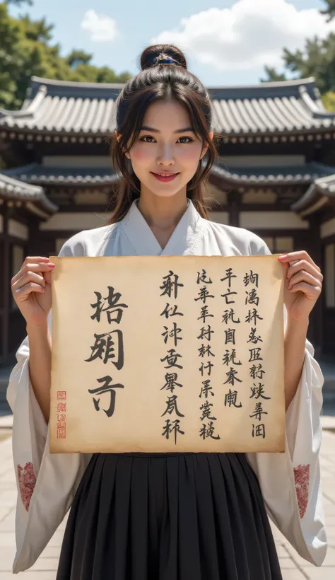 **Prompt:** during ancient tokugawa time, Create a hyper-realistic wide scenery image of a prehistoric japanese female standing confidently at the forefront, her full body view showcasing her elegantly busty silhouette. She holds up a large piece of kanji ...