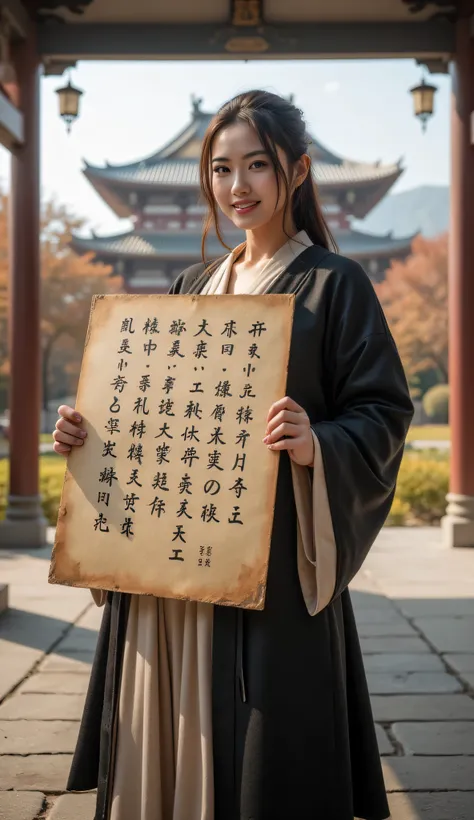 **Prompt:** during ancient time, Create a hyper-realistic wide scenery image of a prehistoric japanese female standing confidently at the forefront, her full body view showcasing her elegantly curvy silhouette. She holds up a large piece of kanji wide size...