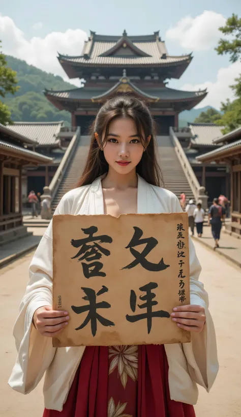 **Prompt:** during ancient time, Create a hyper-realistic wide scenery image of a prehistoric japanese female standing confidently at the forefront, her full body view showcasing her elegantly curvy silhouette. She holds up a large piece of kanji wide size...