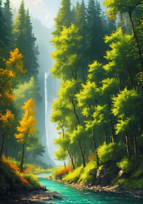 masterpiece, best quality, high quality,extremely detailed CG unity 8k wallpaper, An enchanting and dreamy front view scene of a sailboat on a narrow forrestry river in fantasy forest, with 6 towering trees, hidden fairy glens, creating a sense of mystique...