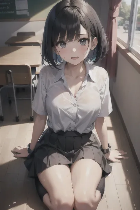  horny middle school girls 、Beautiful Black Haired Girl、bob cut、Naughty mouth、open your mouth wide、Short-sleeved uniform、white collared blouse、Collarbone in full view、Fuckless、 light blue skirt on the side、pleated skirt on indoor floor、 Panchira、white pant...