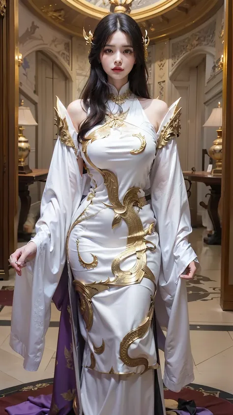 
a woman in a black and white dress and a purple scarf, ornate cosplay, intricate fantasy dress, elegant glamourous cosplay, wearing fantasy formal clothing, white and gold priestess robes, glamourous cosplay, fantasy dress, astral witch clothes, dragon-in...